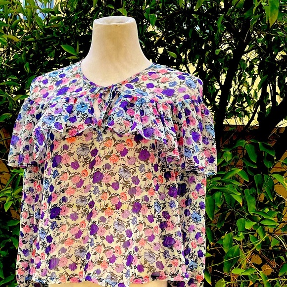 Forever 21 Floral Ruffle Tie Neck Sheer Blouse Women's Small White Purple Pink S - Picture 1 of 8